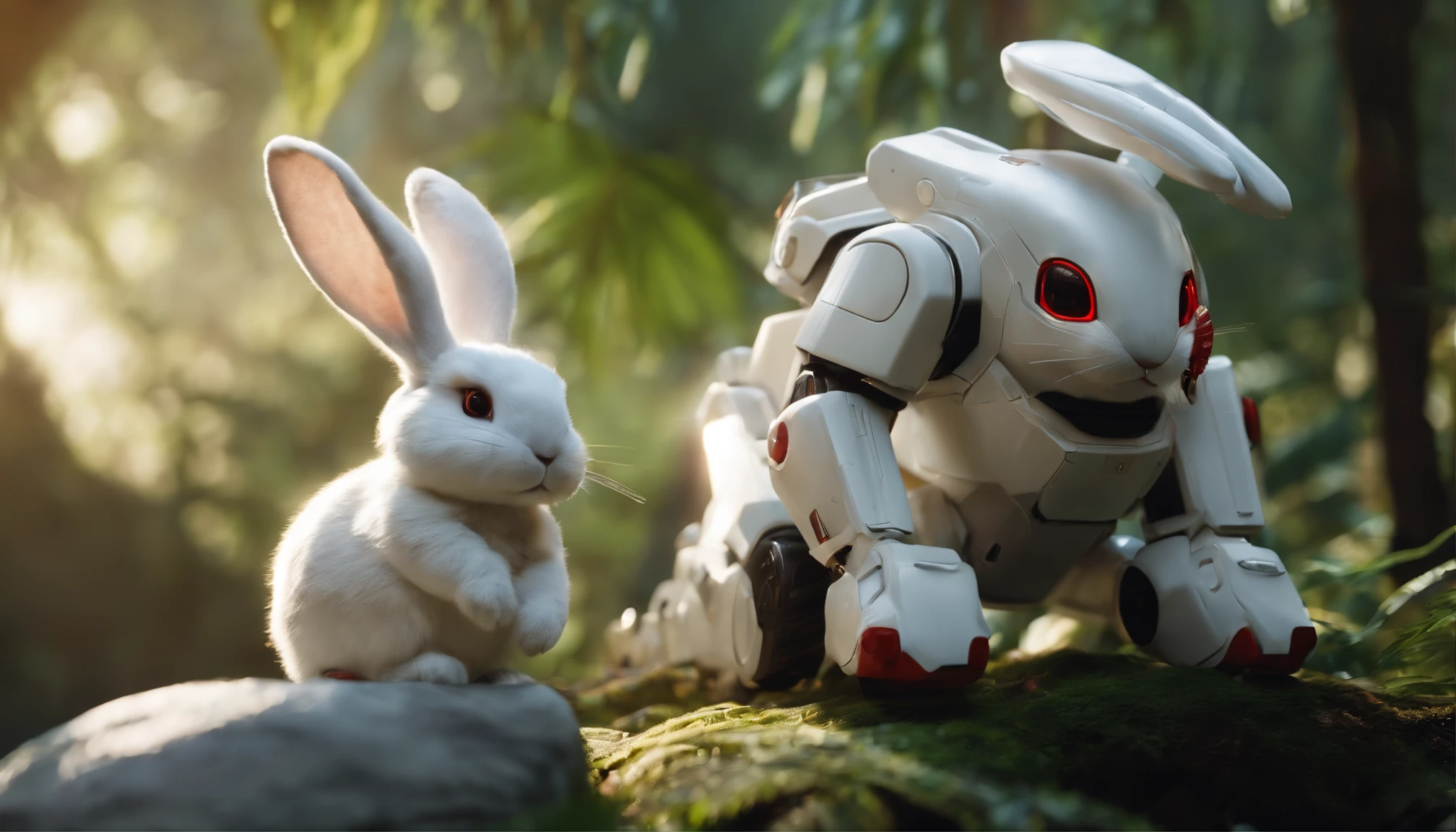 Battle mech white rabbit in the jungle,Wear high-tech goggles,Tropical rainforest environment,studio lit,Beautiful woman in a furry bunny suit,The forehead is decorated with precious stones,Silver pen drawings,清晰的线条,Global close-up,Sit on a white fighter mech rabbit,Equipped with a six-barreled Gatling cannon and laser sword,first person perspective,Chinese elements,Festive atmosphere,Golden-red,Dramatic lighting,Granular film,Ray traching,