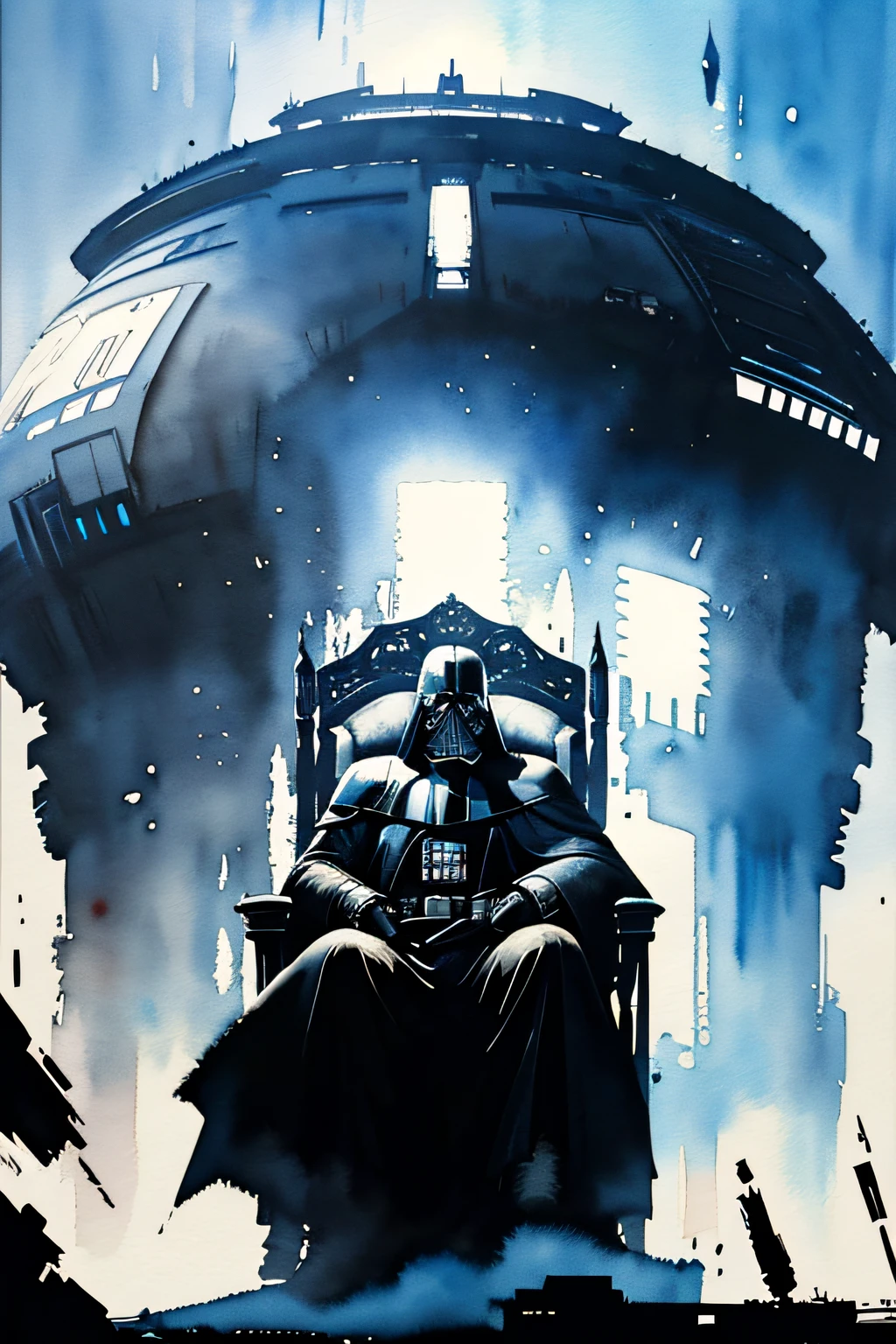 Darth Vader from star wars,1boy, looking at viewer, high-tech clothes, sitting on the throne, super power, from below, fantasy, high contrast, ink strokes, explosions, over exposure, impression , abstract, ((watercolor painting by John Berkey and Jeremy Mann)), brush strokes, negative space, good anatomy, good proportions, good architecture, realistic:1.25, cantered, high detail, high resolution, 8k, stunning, mascular body, Style-Hamunaptra:0.4,