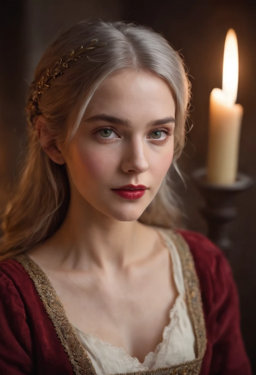(((A deep red wound streaked across her left cheek))) Fair complexion, A woman around 19 years old, Natural gray hair, Unique green eyes, Wear Cole, Slender and graceful, Beautiful, Candlelight in a medieval setting, super sharp focus, realistic lens, Medieval women's clothing, Four colors (Scar:1.4)