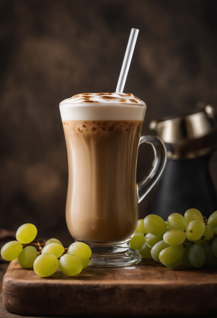Two cups of latte iced coffee in plastic cups,Cup in water,Green grapes are placed around the coffee,Extreme cleanliness,No other debris,brightly,Photographic light,professional photoshooting,food photography,Still life photography,Studio lights,freshen,the detail,highest quality,tmasterpiece,k hd