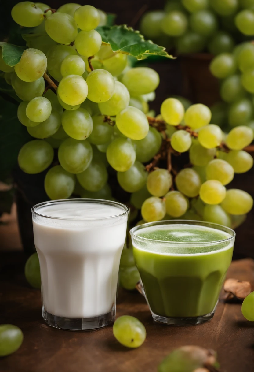 Two cups of latte iced coffee in plastic cups,Cup in water,Green grapes are placed around the coffee,Extreme cleanliness,No other debris,brightly,Photographic light,professional photoshooting,food photography,Still life photography,Studio lights,freshen,the detail,highest quality,tmasterpiece,k hd