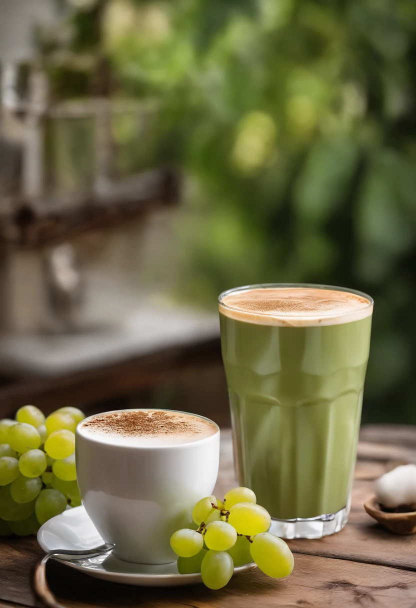 Two cups of latte iced coffee in plastic cups,Cup in water,Green grapes are placed around the coffee,Extreme cleanliness,No other debris,brightly,Photographic light,professional photoshooting,food photography,Still life photography,Studio lights,freshen,the detail,highest quality,tmasterpiece,k hd