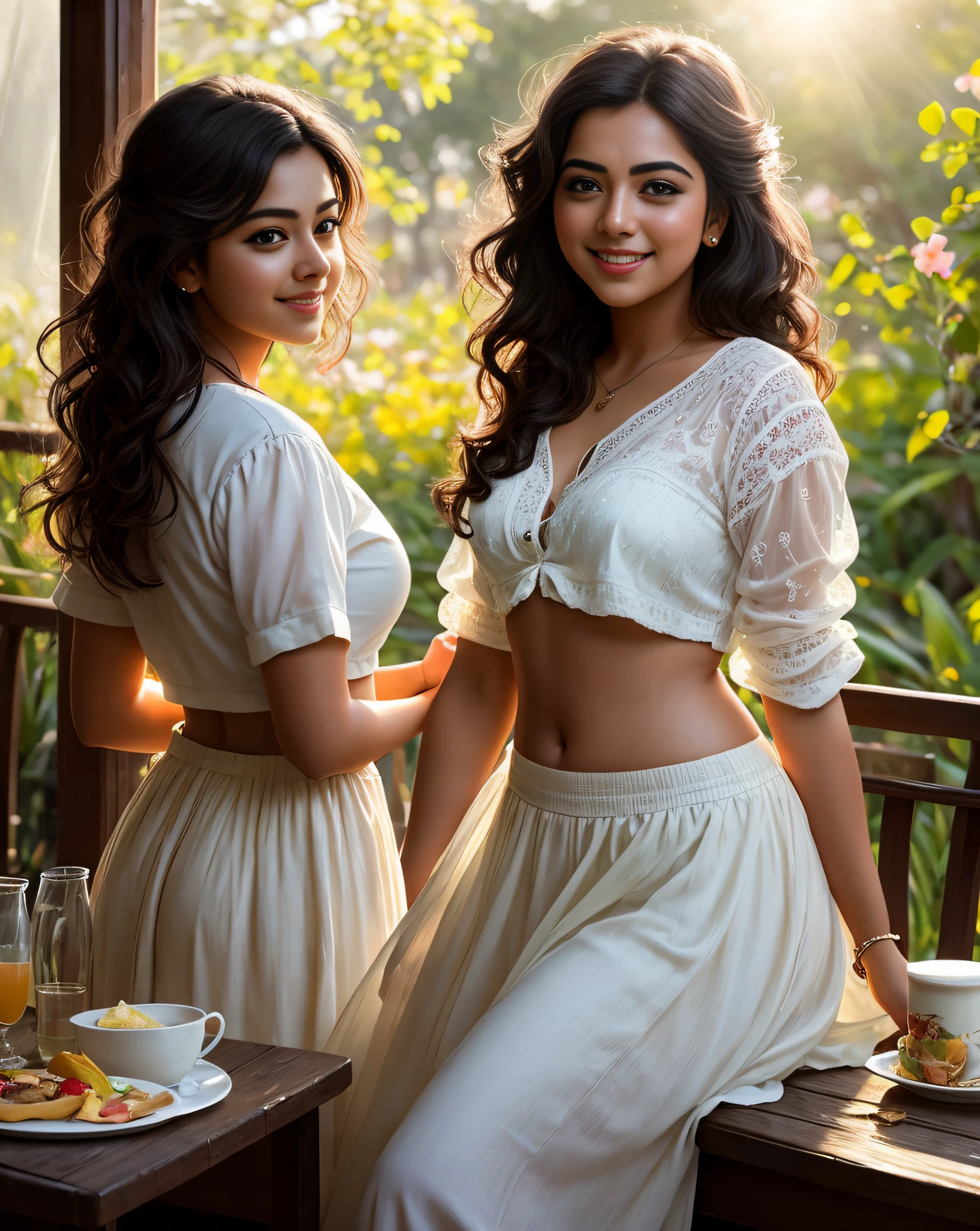 (masterpiece illustration) of a (solo:1.3) ravishing alluring curvy malayali Nazriya Nazim Thomas, having breakfast at a beach garden cafe, beautiful breakfast spread, in printed strapy blouse & skirt, navel, glistening skin, (messy wavy backlit hair), vivacious, happy, (captivating kohl lined eyes:1.3), (bright smile:1.3) cherry blossoms, sparrows, soft dramatic morning lighting, depth of field, backlit, light rays, highly detailed, trending on artstation, paint splashes, rich colour, enchanting portrait, by Ron hicks & Atey Ghailan