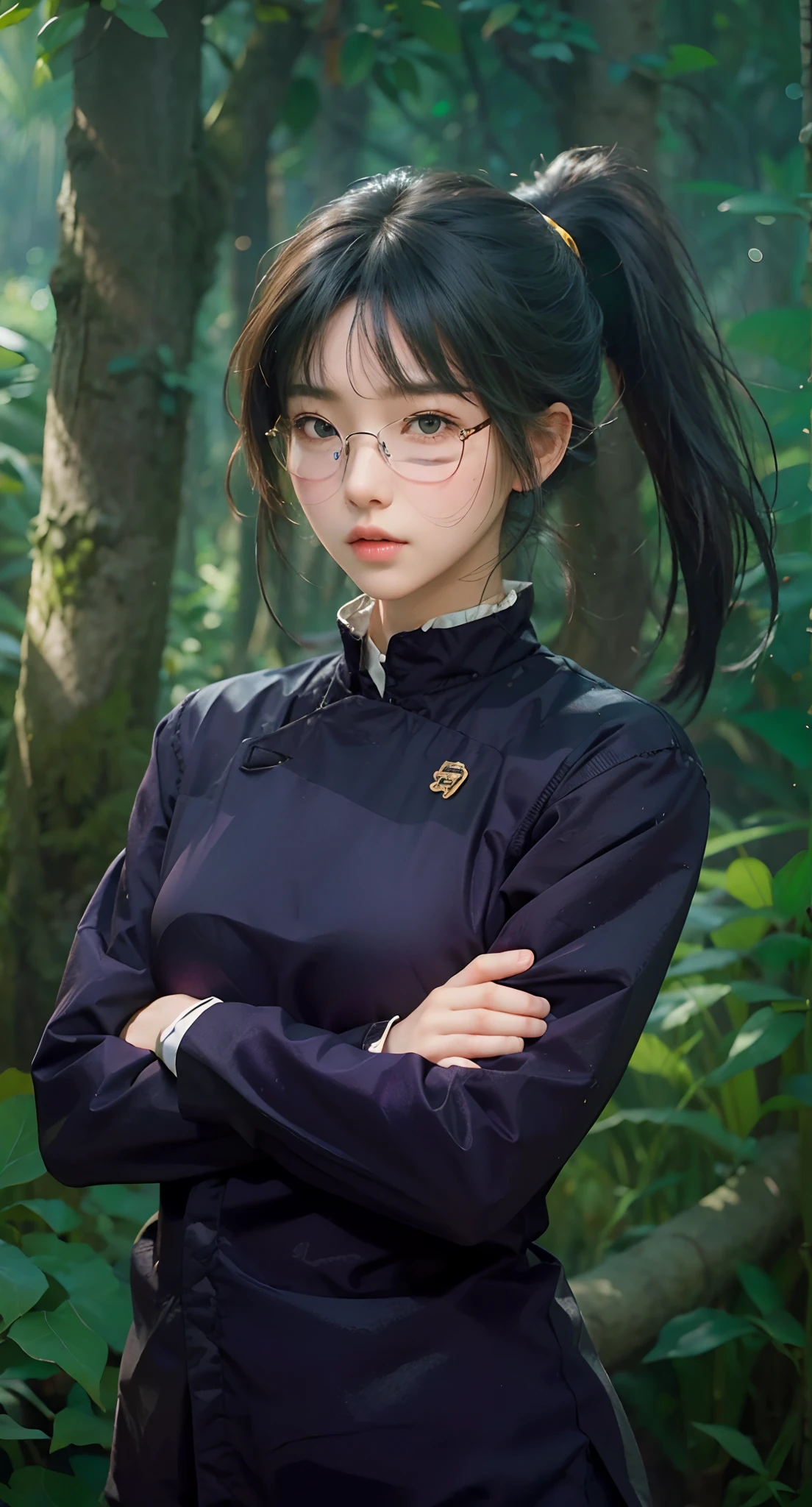 Real life adaption of this character, Korean beauty face,looking to viewer,realistic same hairstyle dark green color,realistic jungle with many grass background, hyper realistic, realistic light, realistic shadow, realism,(photorealistic:1.2), (realistic same outfit), wear realistic purple glasses
