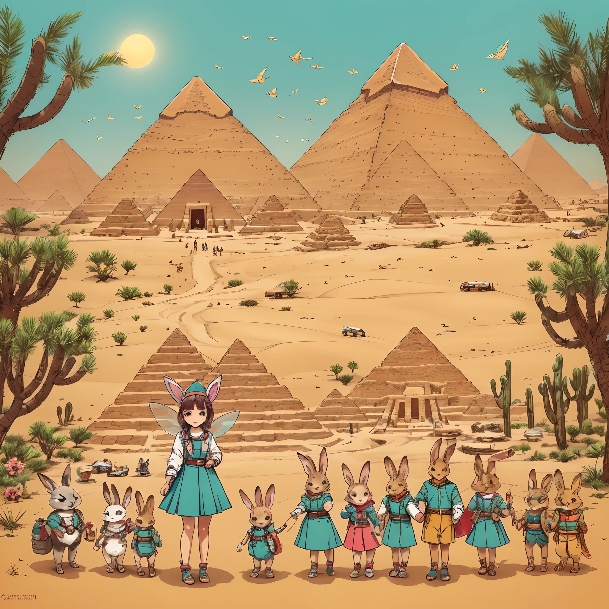super high image quality、Super delicate、character design drawing、Full body like、Multiple Pose、Multiple facial expressions、Anthropomorphic cute rabbit、Cute characters from fairy tales、Cute Explorer Expedition Jacket、Colorful colors、A desert,Huge Egyptian pyramid temple background,Expedition campground,Expedition ready to go,