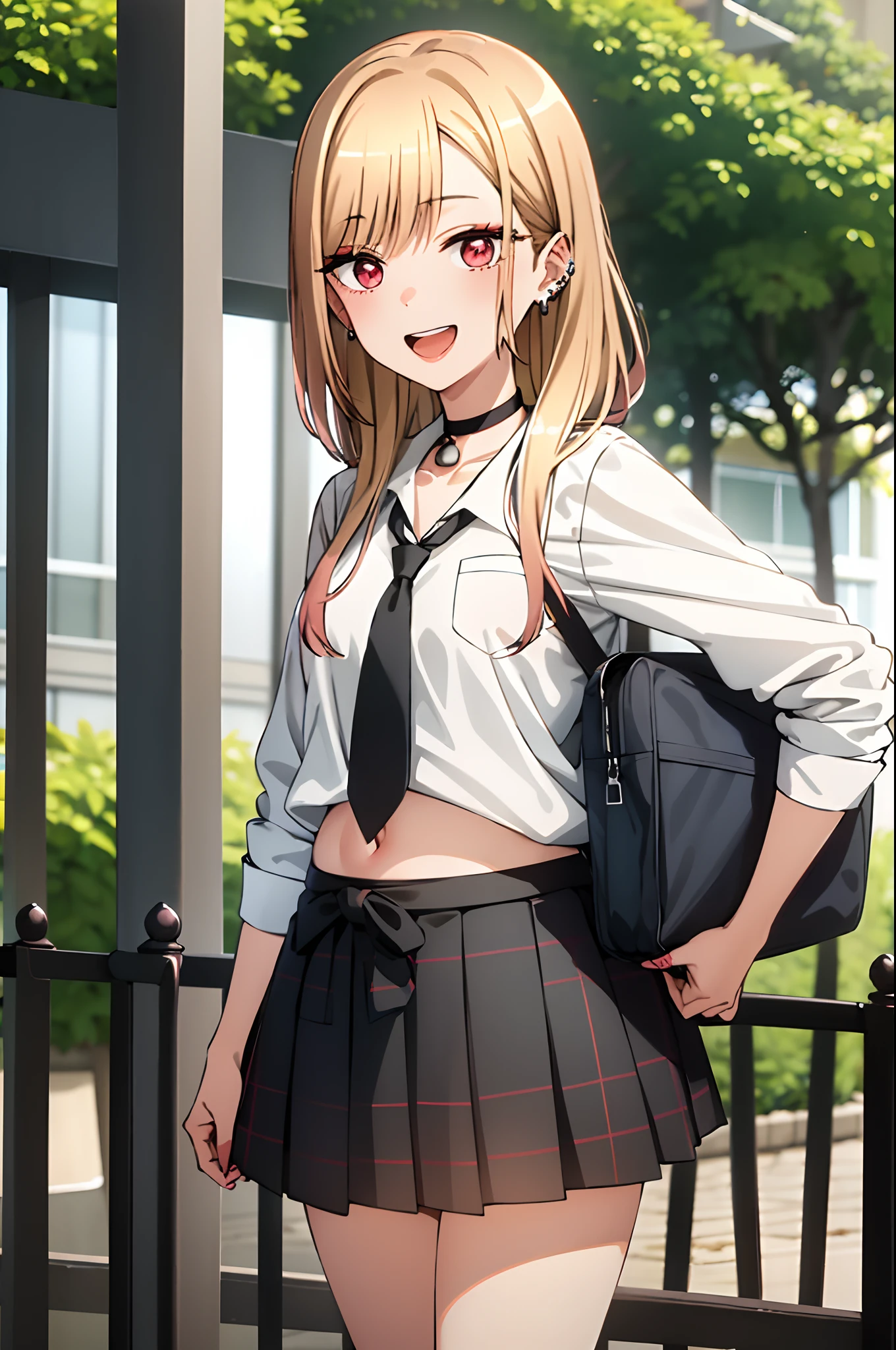 best quality, (masterpiece:1.2), detailed,black mini skirt frilly,short top, showing, belly button
kitagawa marin sb,
1girl, solo, open mouth, grin, smile,
long hair, blonde hair, red eyes, multicolored hair, earrings,
school uniform, choker, white shirt, pleated skirt, blue skirt, blue necktie,
standing, looking at the viewer,
outdoors