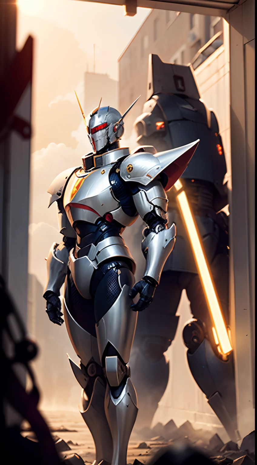 Cyborg man, perfect body figure, manly, royal, age 15, ((sci fi)), ((mecha)), ((Knight)), ((horror background)), silver color body, red details, gold color clothes, fierce smile, strong posture, beautiful light, sun light, cinema...