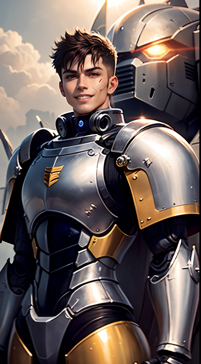 Cyborg man, perfect body figure, manly, royal, age 15, ((sci fi)), ((mecha)), ((Knight)), ((horror background)), silver color body, red details, gold color clothes, fierce smile, strong posture, beautiful light, sun light, cinema...