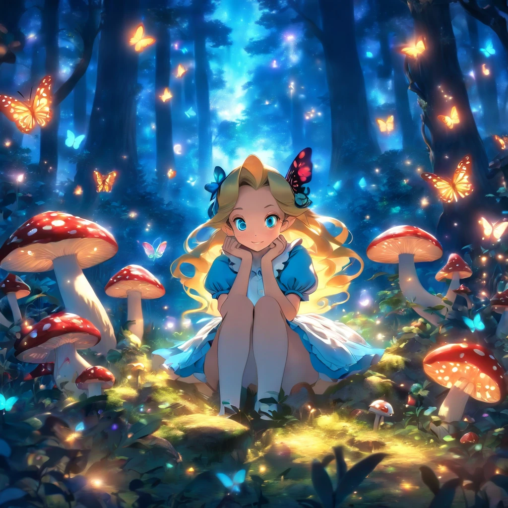 ((masterpiece)), ((high quality)), ((highly detailed)), 18 years old Alice in the wonderland, sitting in the middle of dense woods, big breasts, at night, whimsicle clocks ::2, (glowing mushrooms) , , ((glowing butterflies)), moon lit, 8k, uhd