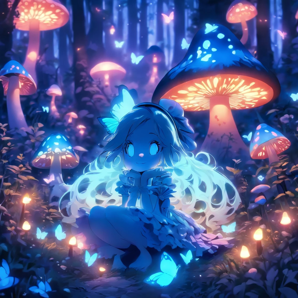 ((masterpiece)), ((high quality)), ((highly detailed)), 18 years old Alice in the wonderland, sitting in the middle of dense woods, big breasts, at night, whimsicle clocks ::2, (glowing mushrooms) , , ((glowing butterflies)), moon lit, 8k, uhd