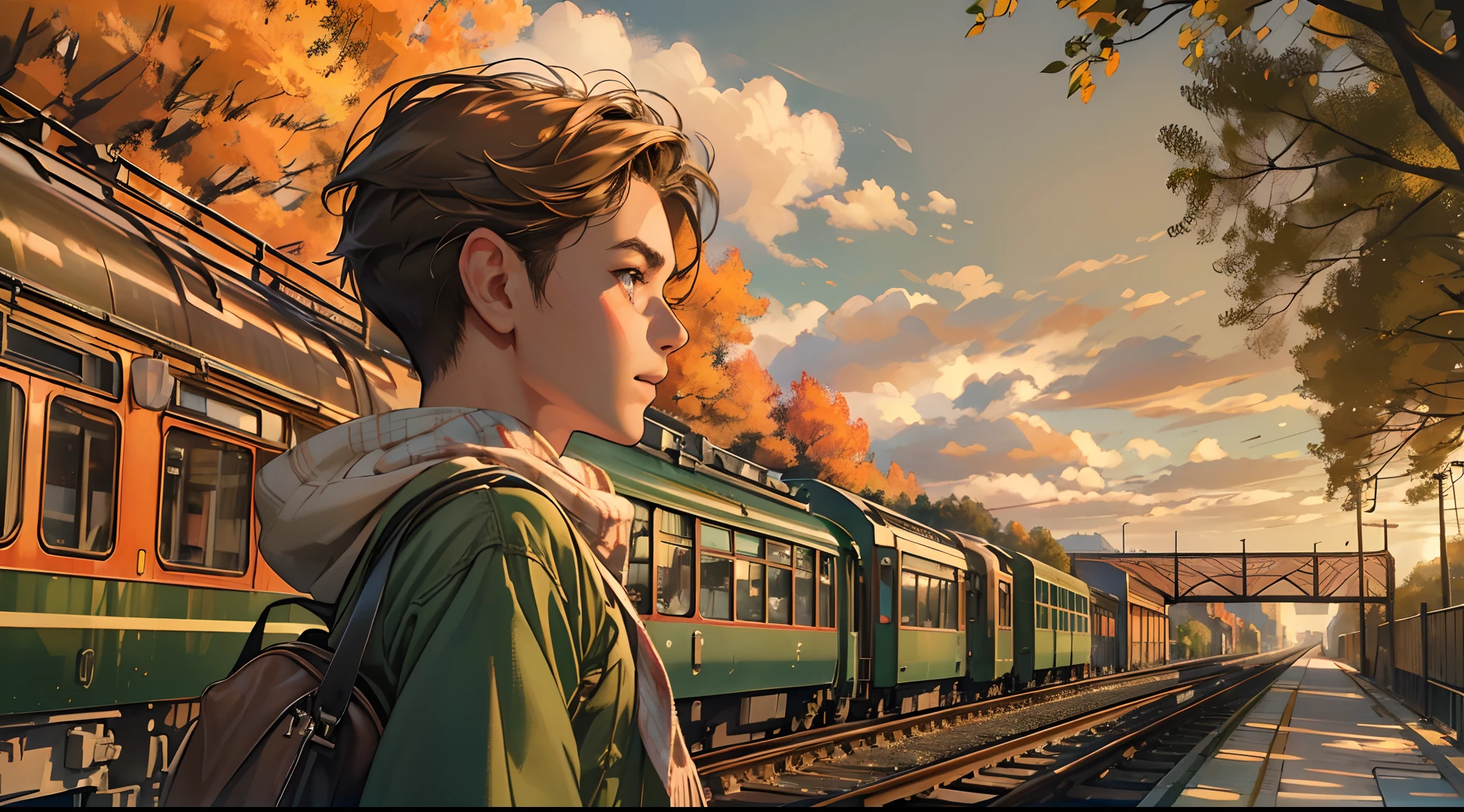 (Best quality,4K,8K,A high resolution,Masterpiece:1.2),Ultra-detailed,(Realistic,Photorealistic,photo-realistic:1.37),Vanishing point combination,Straight rail,Sunset,Vintage trains,Unlimited sunsets,Urban waterfront background,Autumn,Golden mountains,Green trees,Close-up of a boy at a railway platform,Next to the boy stood a girl,profile shot,Close-up of a character's face