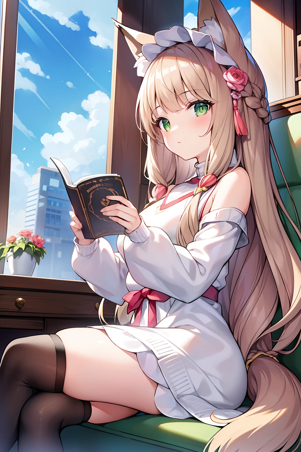tmasterpiece,Highest high resolution,8k wallpaper,Highest drawing quality,1girll,Solo,(Huge fox tail),Brown hair long,Green eyes,Small flower headdress,21-year-old college student,c cup,Modern architecture_University Library,Look at the girl from the side above,The girl sat in the chair next to me,Malay French braided hairstyle,White sweater dress,Black over-the-knee stockings,The girl's side face,Sit normally in a chair,Elegant temperament,Holding the novel in both hands,Read the novel with both eyes,