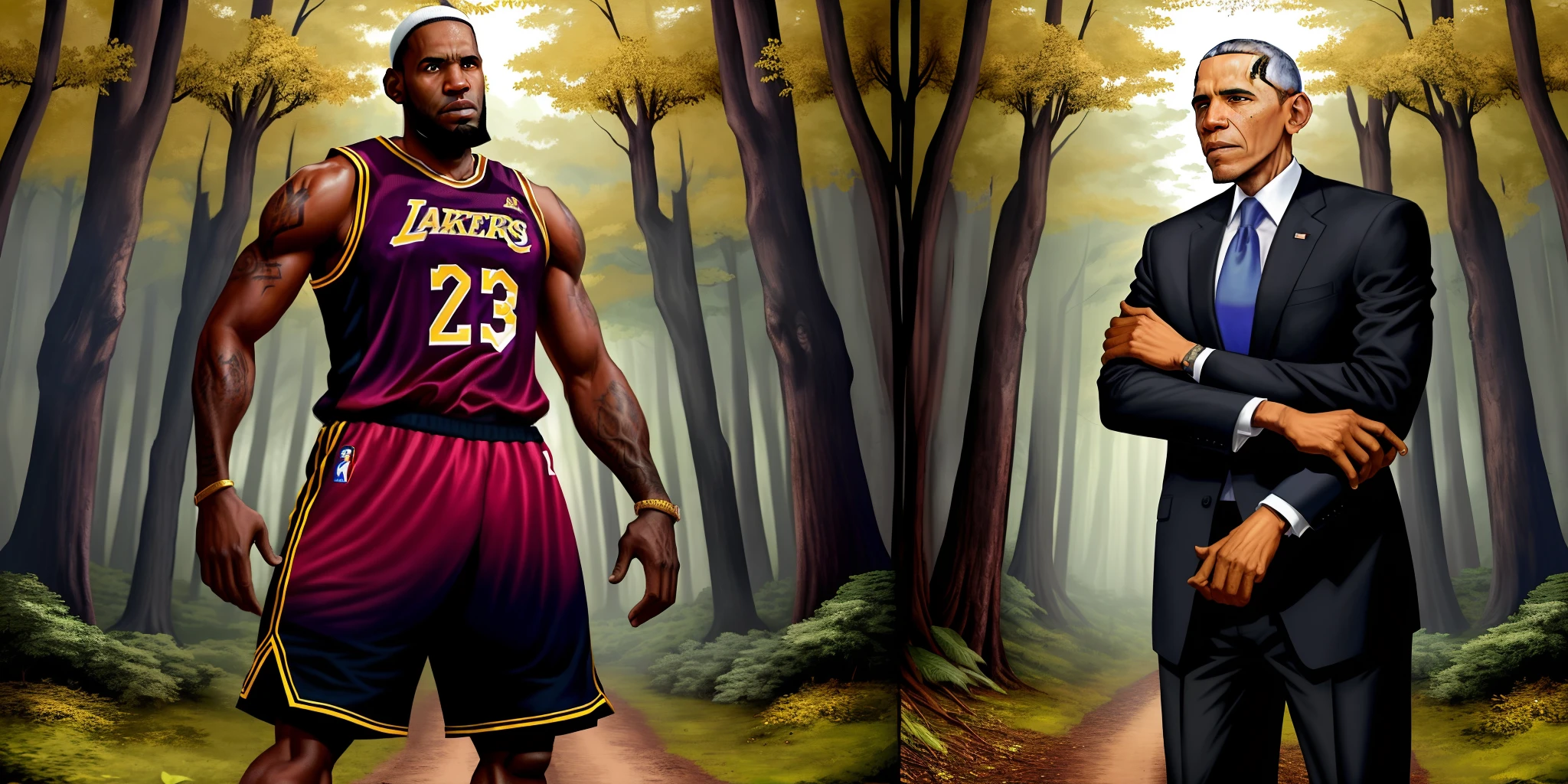 lebron james and obama standing in a forest completely unfazed by a monster