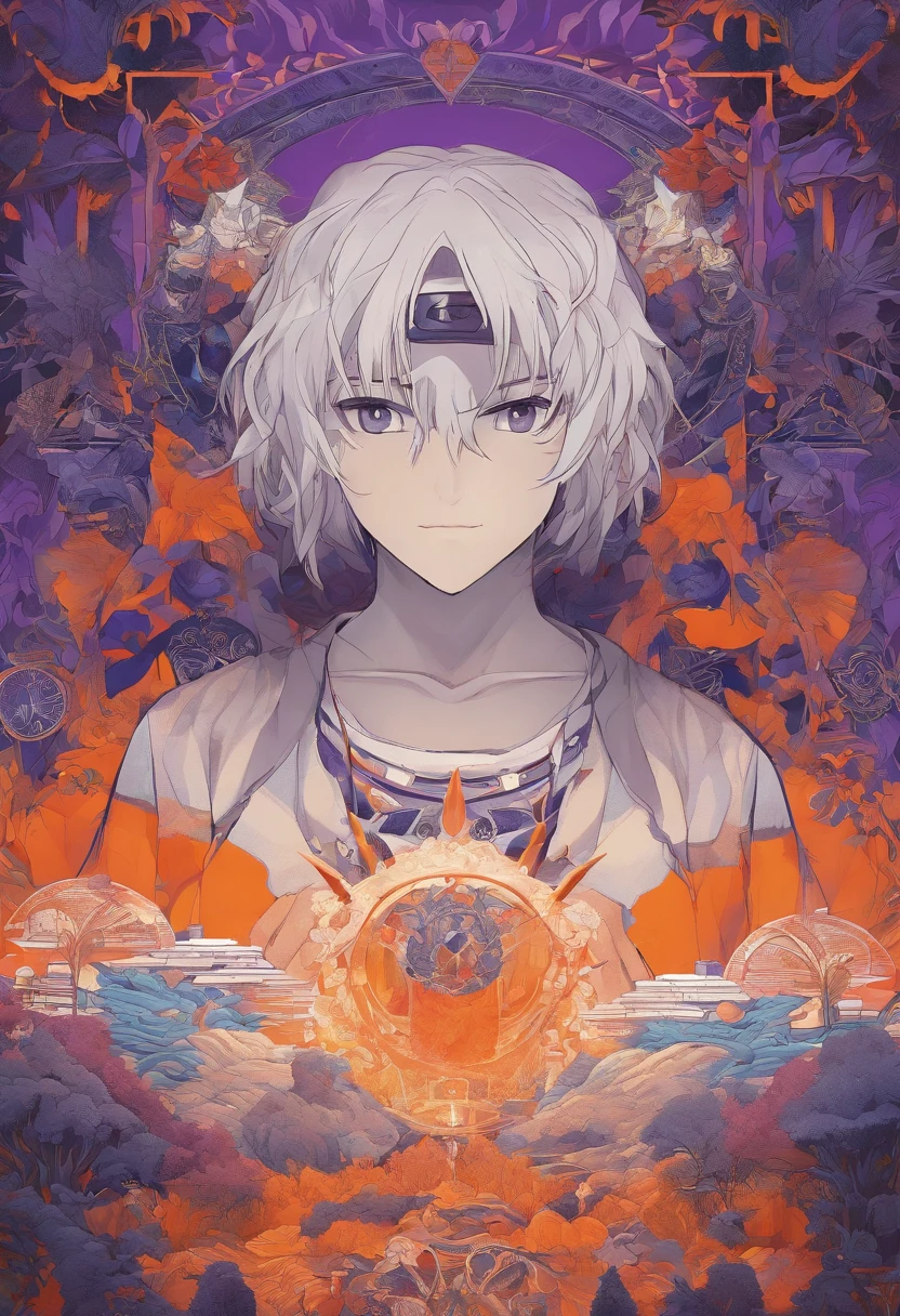 vibrant color drawing,Hatake Kakashi,movie poster quality,ultra-detailed,photorealistic,bokeh,portraits,realistic eyes,serious expression,detailed Sharingan eye,spiky silver hair,masked face,personality and aura,headband with Leaf Village symbol in the background,posing with both hands in jutsu stance,surrounded by floating mandala patterns,contrasting colors,highly saturated,purple and orange color scheme,studio lighting,sharp focus,creative composition,artistic rendering,Mediterranean art style,brush strokes resembling oil painting,rich texture,professional,next-gen graphics,impressive depth and dimension,attention to fine details,craftsmanship quality,abstract elements,layered patterns blending into the background,ethereal atmosphere,illuminated by soft rays of light,creating a sense of mystery and power