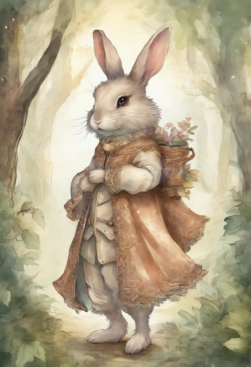 a cute bunny,Wear travel attire,Parchment in hand,Walk in the forest