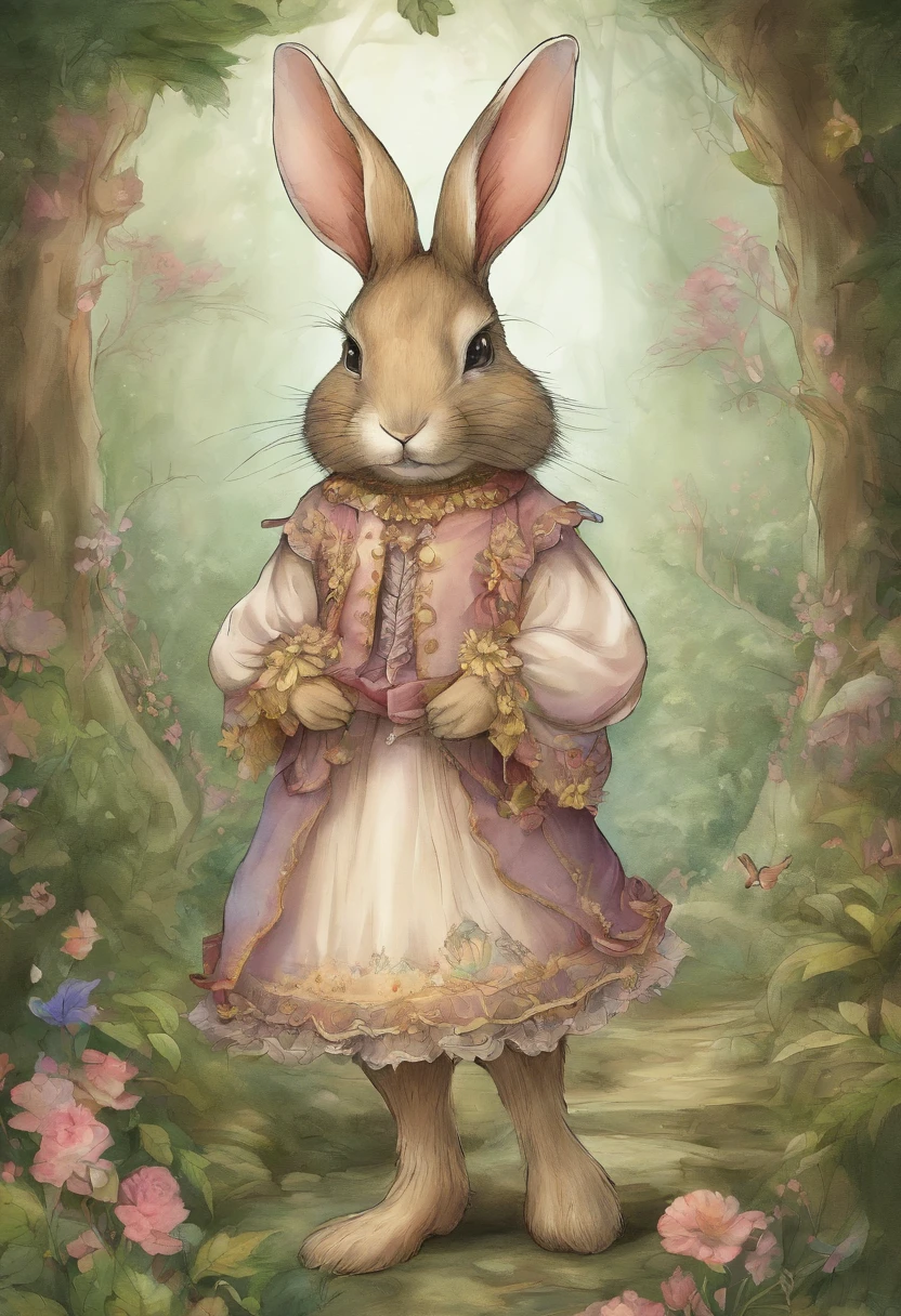 a cute bunny，Wear travel attire，Parchment in hand，Walk in the forest