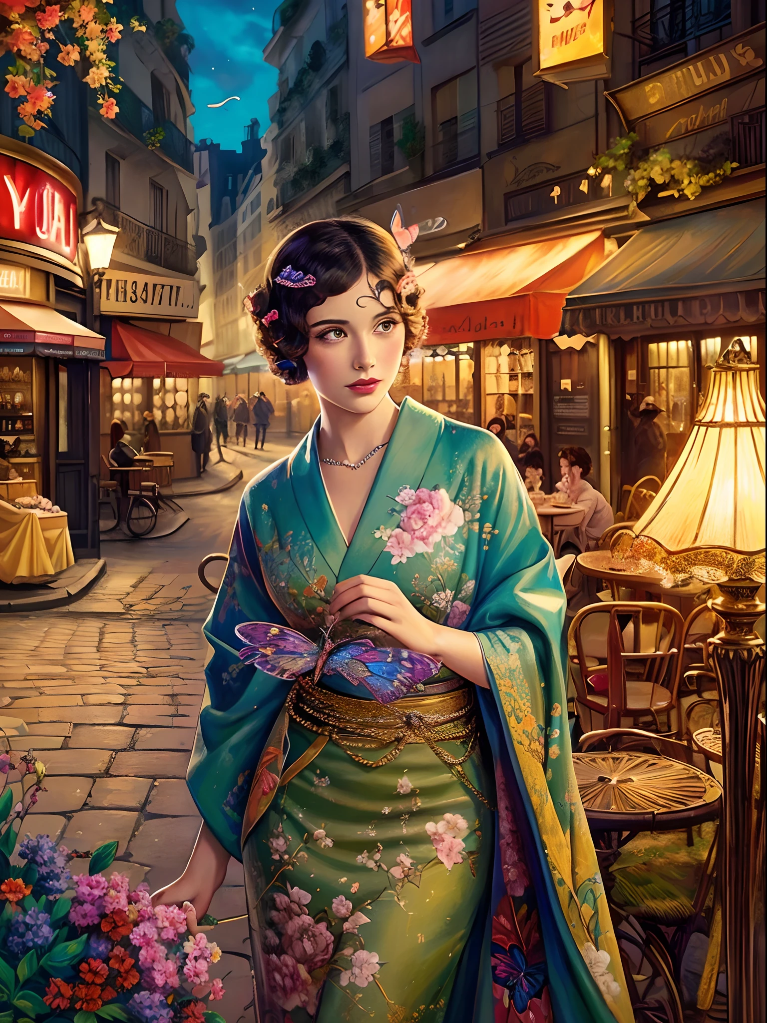 butterflys々Madam、1920s、Paris、detailed environment, (Best Quality, Ultra-detailed, Realistic:1.37), Vibrant colors, Kimono、Komono、Hairpin、Fans、Soft lighting, Oil painting style