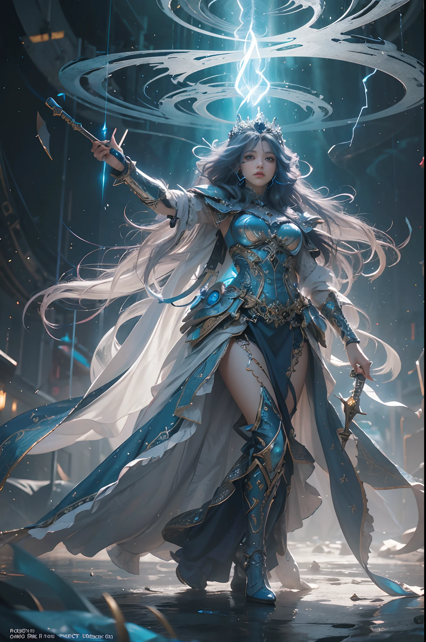 "Official Art, Unity 8k Wallpaper, Masterpiece, Best Quality, Fantasy, Ultra Detail, Full body shot, (Dynamic Angle), (Very Detail), Ultra High Definition, 8k UHD, (light rayer:1.05), Light Particles, Magic Effects swirling around her, Detailed Skin Texture, (illustration:1.05), (detailed light:1.05), (ultra-detailed:1.1), Solo, One Woman, hovering mid-air with a mystic aura. Eyes: deep electric blue that seem to harbor storms within, surrounded by dark eyelashes and soft glowing eyelids. Attire: a delicate balance of steel armor intricately designed, combined with soft silken fabrics that flow with her every move. Crown: made of steel, glistening with a metallic sheen, adorned with intricate patterns. Hair: long, flowing like live electricity. Holding an intricately designed hammer, emerging before a striking bolt of lightning, realistic light setting, (realistic)."