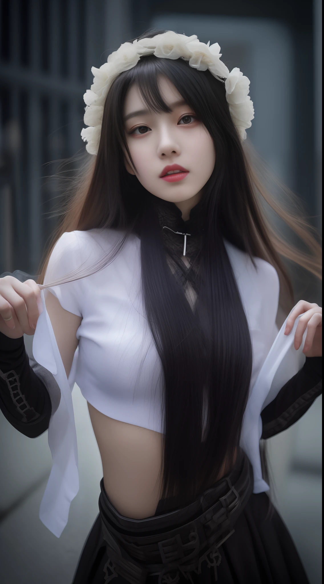 Close-up of a person with long hair and a shirt, trending at cgstation, cruel korean goth girl, Korean Girl, With long hair, very low quality, gorgeous chinese model, Trending on CGSTATION, full-body xianxia, Very beautiful cute,
