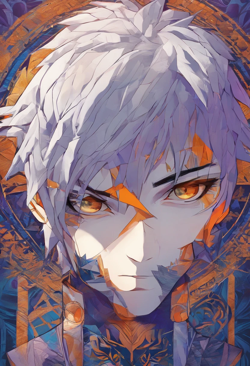 vibrant color drawing,Hatake Kakashi,movie poster quality,ultra-detailed,photorealistic,bokeh,portraits,realistic eyes,serious expression,detailed Sharingan eye,spiky silver hair,masked face,personality and aura,headband with Leaf Village symbol in the background,posing with both hands in jutsu stance,surrounded by floating mandala patterns,contrasting colors,highly saturated,purple and orange color scheme,studio lighting,sharp focus,creative composition,artistic rendering,Mediterranean art style,brush strokes resembling oil painting,rich texture,professional,next-gen graphics,impressive depth and dimension,attention to fine details,craftsmanship quality,abstract elements,layered patterns blending into the background,ethereal atmosphere,illuminated by soft rays of light,creating a sense of mystery and power
