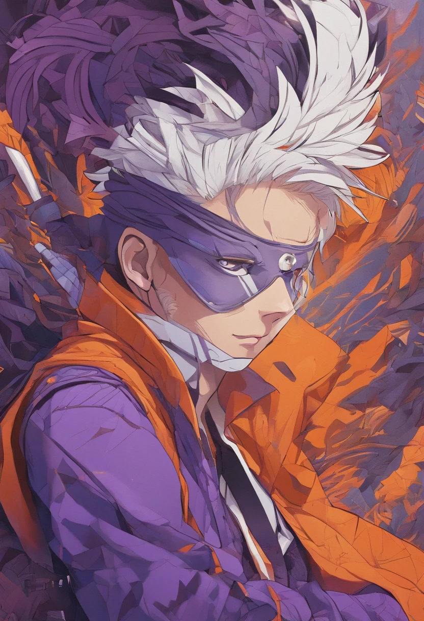 vibrant color drawing,Hatake Kakashi,movie poster quality,ultra-detailed,photorealistic,bokeh,portraits,realistic eyes,serious expression,detailed Sharingan eye,spiky silver hair,masked face,personality and aura,headband with Leaf Village symbol in the background,posing with both hands in jutsu stance,surrounded by floating mandala patterns,contrasting colors,highly saturated,purple and orange color scheme,studio lighting,sharp focus,creative composition,artistic rendering,Mediterranean art style,brush strokes resembling oil painting,rich texture,professional,next-gen graphics,impressive depth and dimension,attention to fine details,craftsmanship quality,abstract elements,layered patterns blending into the background,ethereal atmosphere,illuminated by soft rays of light,creating a sense of mystery and power
