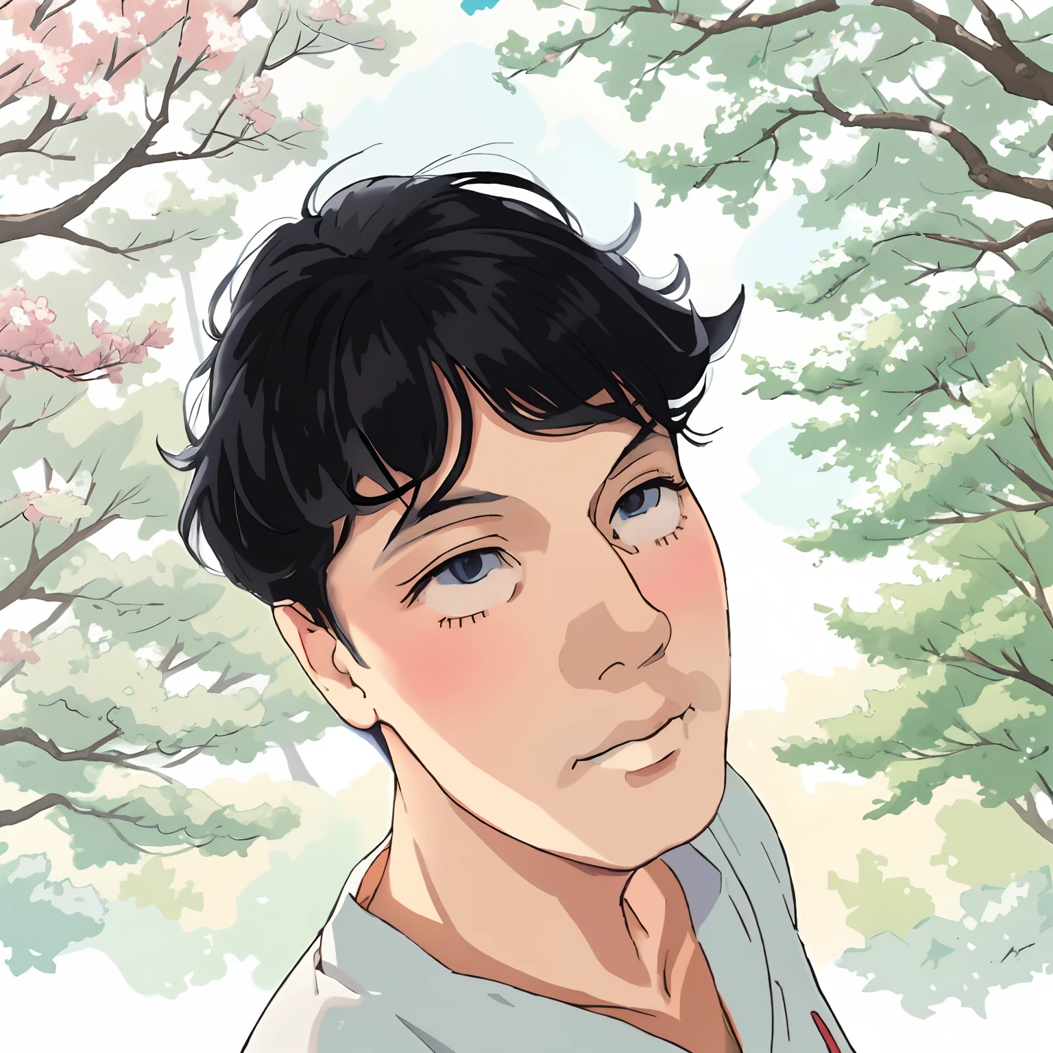 (anime style:1.2),man, black hair, youthful appearance,intense gaze,stylish outfit,subtle smile,vibrant colors,sunlight filtering through trees,soft lighting,meticulous details,expressive eyes,detailed shading,anime-style hair,cool and confident pose,artistic background,tastefully blurred foreground