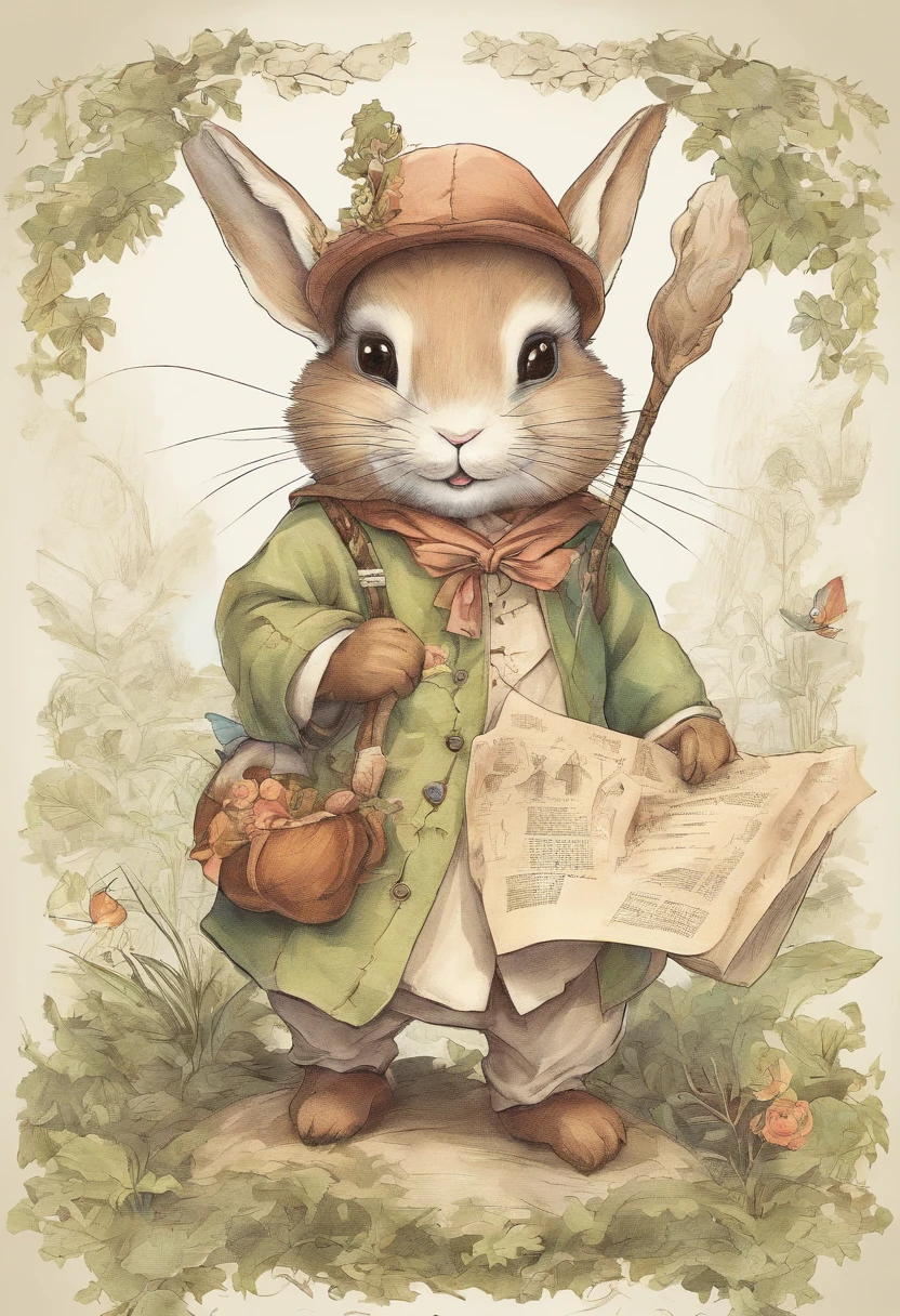 a cute bunny,Wear travel attire,Holding a parchment map in his hand,Walk in the forest