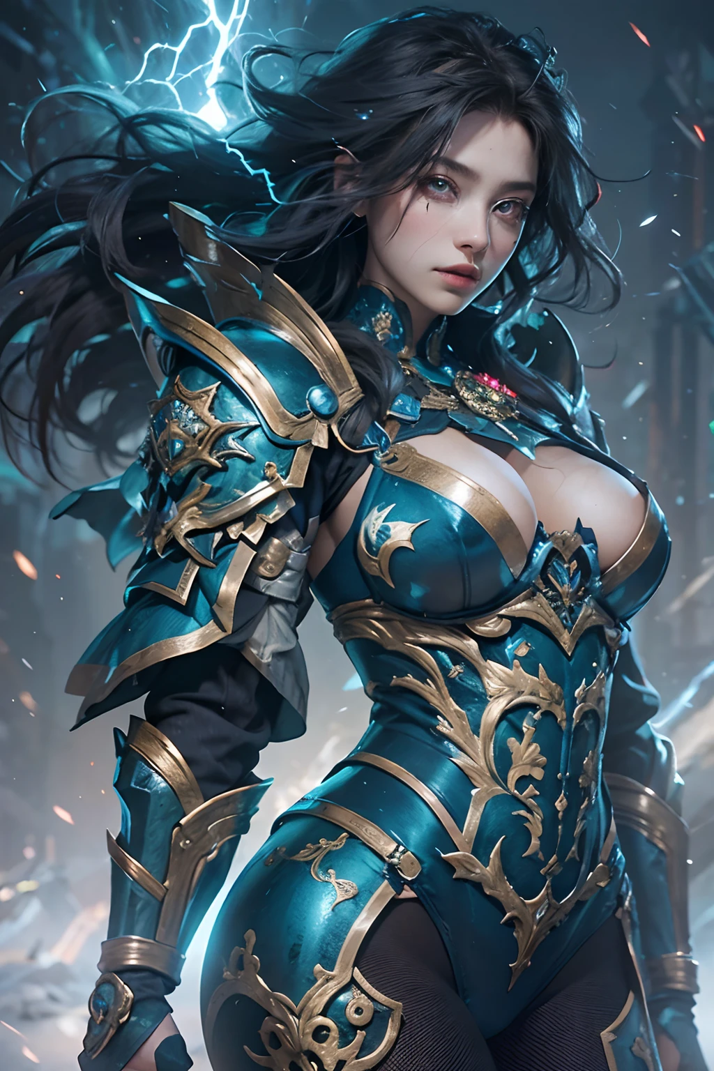 "Official Art, Unity 8k Wallpaper, Masterpiece, Best Quality, Fantasy, Ultra Detail, Full body shot, (Dynamic Angle), (Very Detail), Ultra High Definition, 8k UHD, (light rayer:1.05), Light Particles, Magic Effects swirling around her, Detailed Skin Texture, (illustration:1.05), (detailed light:1.05), (ultra-detailed:1.1), Solo, One Woman, hovering mid-air with a mystic aura. Eyes: deep electric blue that seem to harbor storms within, surrounded by dark eyelashes and soft glowing eyelids. Attire: a delicate balance of steel armor intricately designed, combined with soft silken fabrics that flow with her every move. Crown: made of steel, glistening with a metallic sheen, adorned with intricate patterns. Hair: long, flowing like live electricity. Holding an intricately designed hammer, emerging before a striking bolt of lightning, realistic light setting, (realistic)."