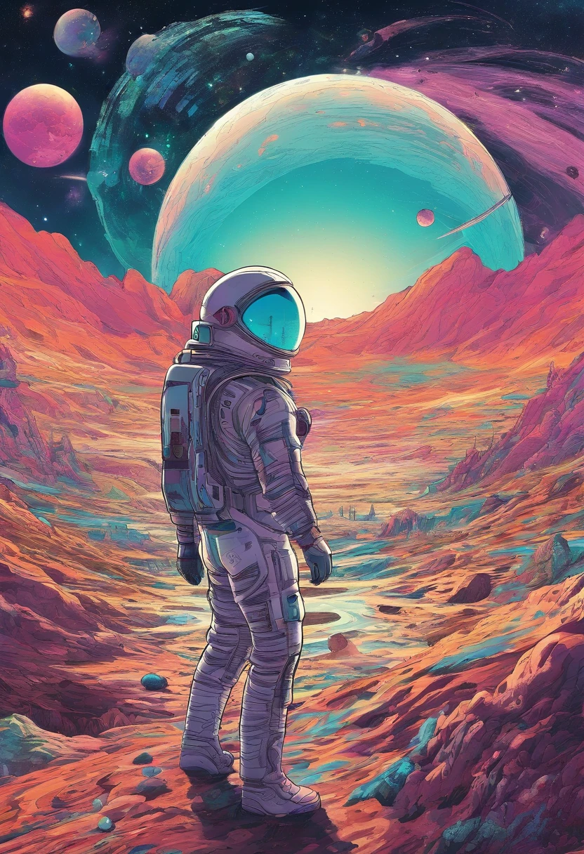 HD details, Close-up of a man in a spacesuit, planets in the background, psychedelic cosmic horror, psychedelic illustrations, cosmic space, plants growing, The world of psychosis, Background space graphic art, Cosmic illustration, cosmic space, cosmic lsd poster art, dmt space behind, Space scene, Surreal space, Cosmic style
