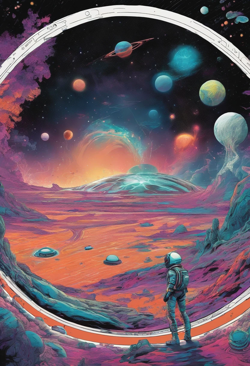 HD details, Close-up of a man in a spacesuit, planets in the background, psychedelic cosmic horror, psychedelic illustrations, cosmic space, plants growing, The world of psychosis, Background space graphic art, Cosmic illustration, cosmic space, cosmic lsd poster art, dmt space behind, Space scene, Surreal space, Cosmic style