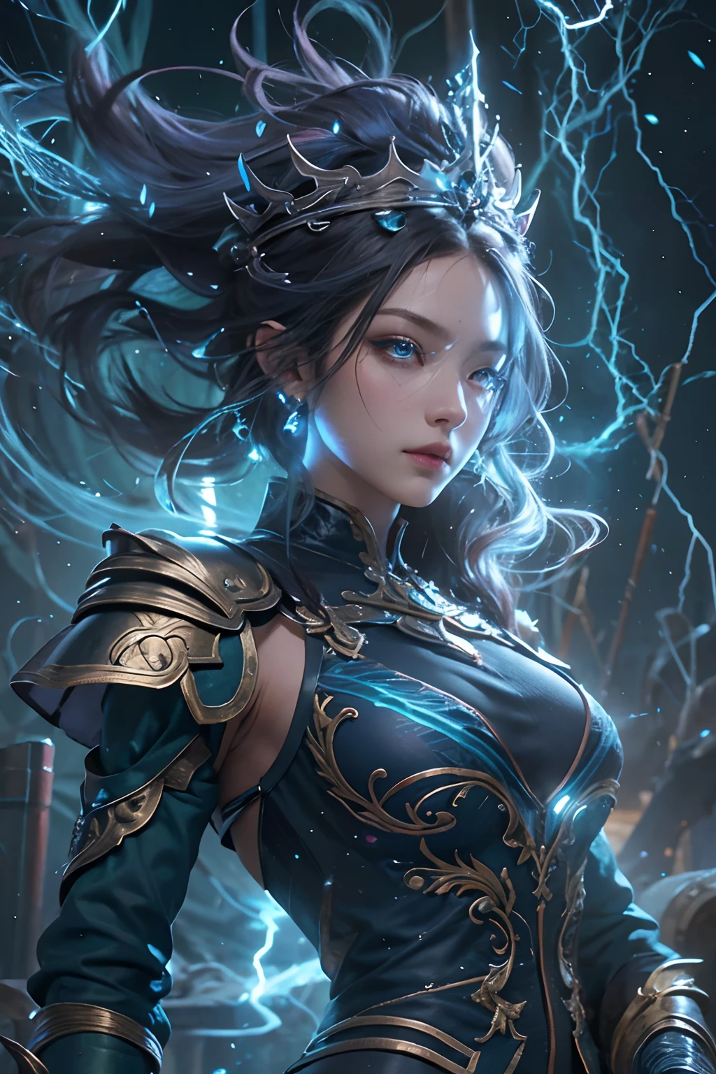 "Official Art, Unity 8k Wallpaper, Masterpiece, Best Quality, Fantasy, Ultra Detail, Full body shot, (Dynamic Angle), (Very Detail), Ultra High Definition, 8k UHD, (light rayer:1.05), Light Particles, Magic Effects swirling around her, Detailed Skin Texture, (illustration:1.05), (detailed light:1.05), (ultra-detailed:1.1), Solo, One Woman, hovering mid-air with a mystic aura. Eyes: deep electric blue that seem to harbor storms within, surrounded by dark eyelashes and soft glowing eyelids. Attire: a delicate balance of steel armor intricately designed, combined with soft silken fabrics that flow with her every move. Crown: made of steel, glistening with a metallic sheen, adorned with intricate patterns. Hair: long, flowing like live electricity. Holding an intricately designed hammer, emerging before a striking bolt of lightning, realistic light setting, (realistic)."