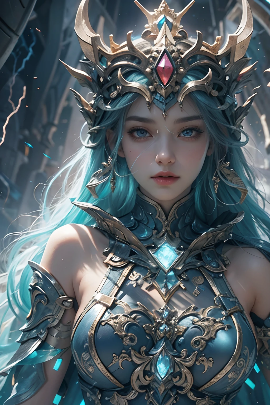 "Official Art, Unity 8k Wallpaper, Masterpiece, Best Quality, Fantasy, Ultra Detail, Full body shot, (Dynamic Angle), (Very Detail), Ultra High Definition, 8k UHD, (light rayer:1.05), Light Particles, Magic Effects swirling around her, Detailed Skin Texture, (illustration:1.05), (detailed light:1.05), (ultra-detailed:1.1), Solo, One Woman, hovering mid-air with a mystic aura. Eyes: deep electric blue that seem to harbor storms within, surrounded by dark eyelashes and soft glowing eyelids. Attire: a delicate balance of steel armor intricately designed, combined with soft silken fabrics that flow with her every move. Crown: made of steel, glistening with a metallic sheen, adorned with intricate patterns. Hair: long, flowing like live electricity. Holding an intricately designed hammer, emerging before a striking bolt of lightning, realistic light setting, (realistic)."