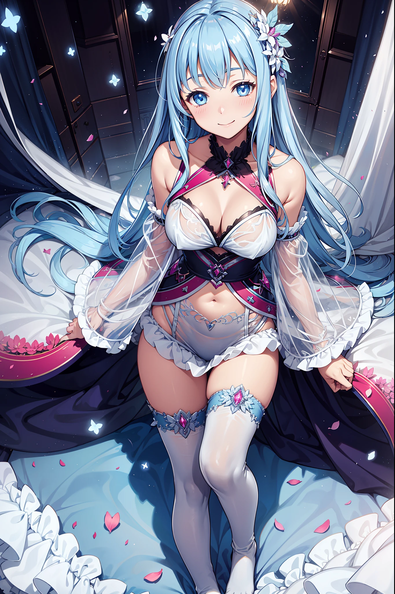 solo person,the night,inside in room,smiling expression,is shy,saintess,See-through Pajamas,see-through sleeves,Enchanted,Petal edges,adolable,Light colors,gentleness,Snowflake decoration,extremely detailed CG 8k wallpaper,best qualtiy,tmasterpiece,A high resolution