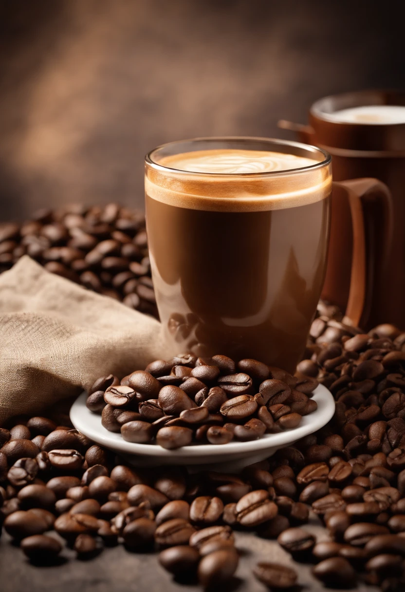 A coffee,Surrounded by coffee beans,A box of coffee packaging,Photographic light,professional photoshooting,food photography,Still life photography,Studio lights,freshen,the detail,highest quality,tmasterpiece,k hd