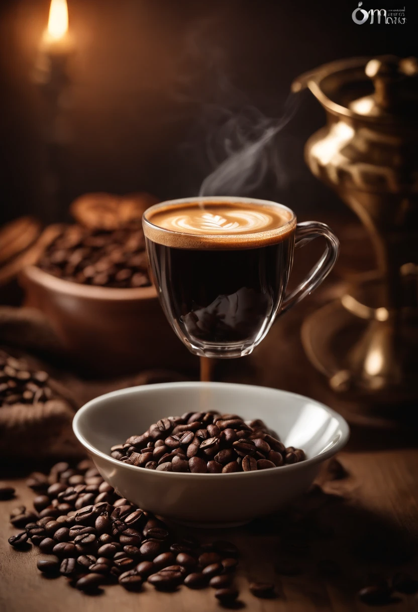 A coffee,Surrounded by coffee beans,A box of coffee packaging,Photographic light,professional photoshooting,food photography,Still life photography,Studio lights,freshen,the detail,highest quality,tmasterpiece,k hd