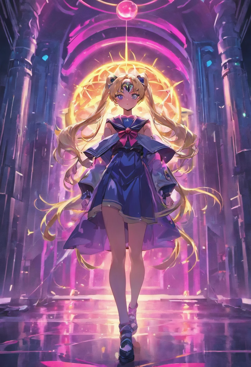 the sailor moon,Full body like,frontage,cyber punk perssonage,A black cat at his feet,the night,neonlight,dual horsetail,dream magical,