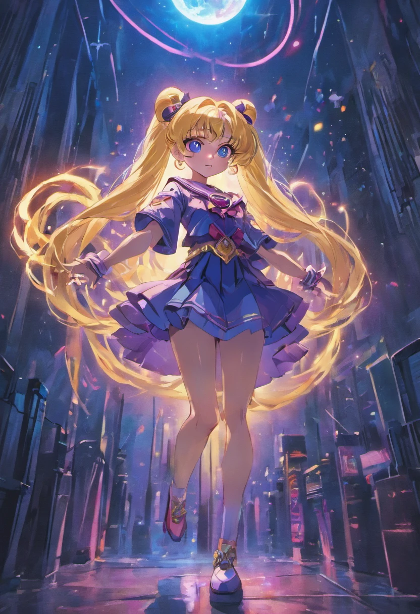 the sailor moon,Full body like,frontage,cyber punk perssonage,A black cat at his feet,the night,neonlight,dual horsetail,dream magical,