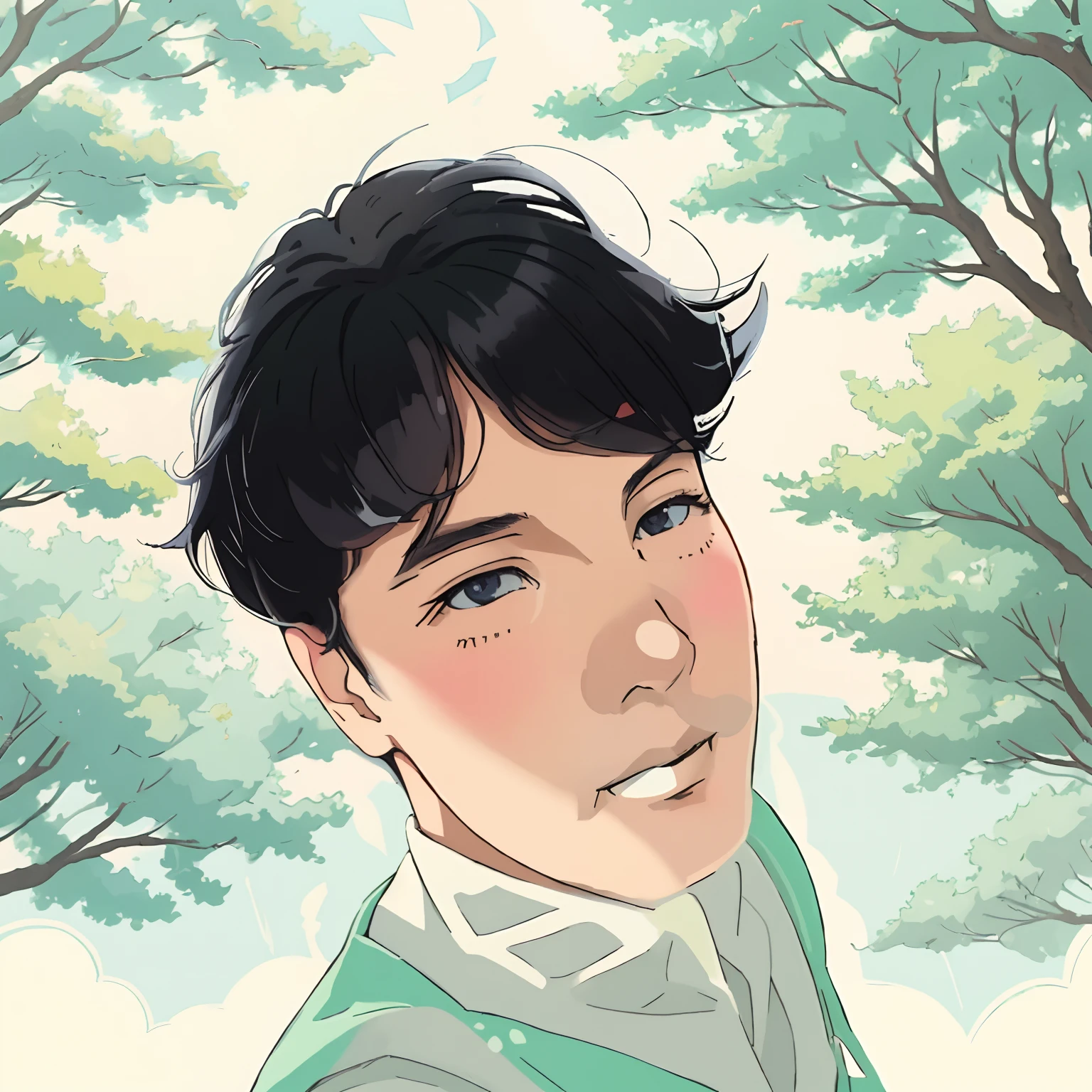 (anime style:1.2),man, black hair, youthful appearance,intense gaze,stylish outfit,subtle smile,vibrant colors,sunlight filtering through trees,soft lighting,meticulous details,expressive eyes,detailed shading,anime-style hair,cool and confident pose,artistic background,tastefully blurred foreground