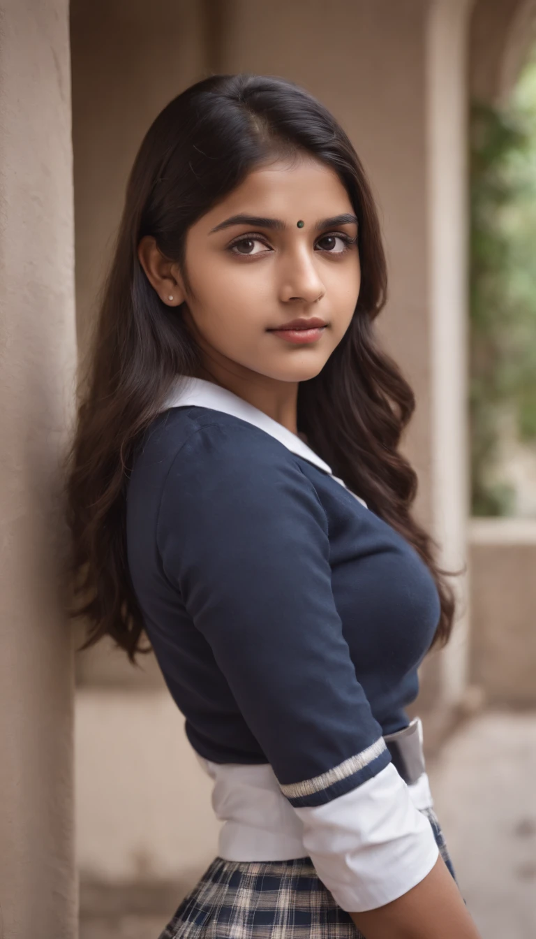 portrait of an young Indian school girl, 18-year-old in a mini skirt school uniform, big round boobies,