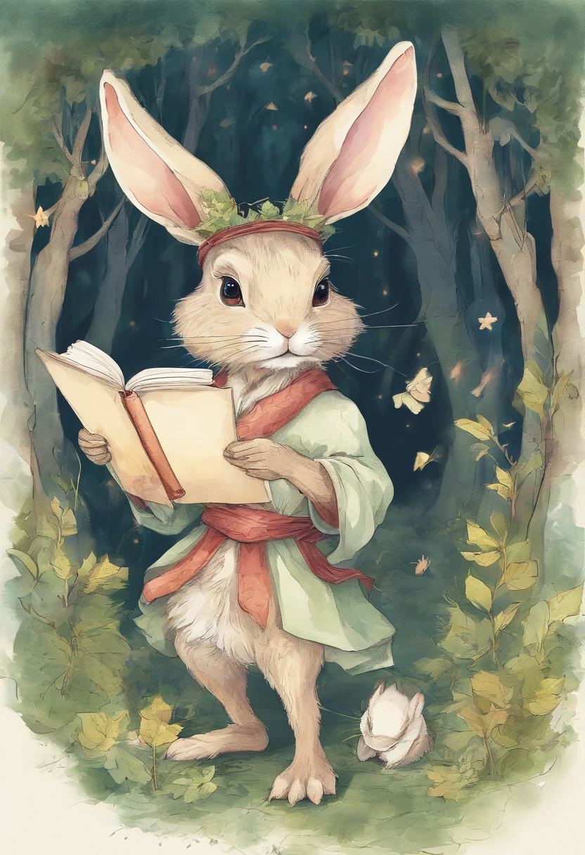 a cute bunny,Wear travel attire,Holding a parchment scroll in his hand,Walk in the forest