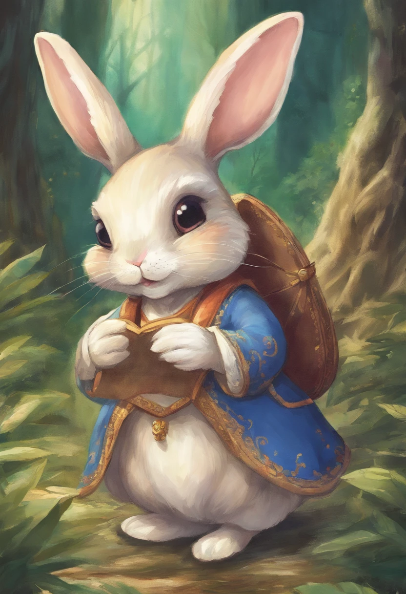 a cute bunny,Wear travel attire,Holding a parchment scroll in his hand,Walk in the forest