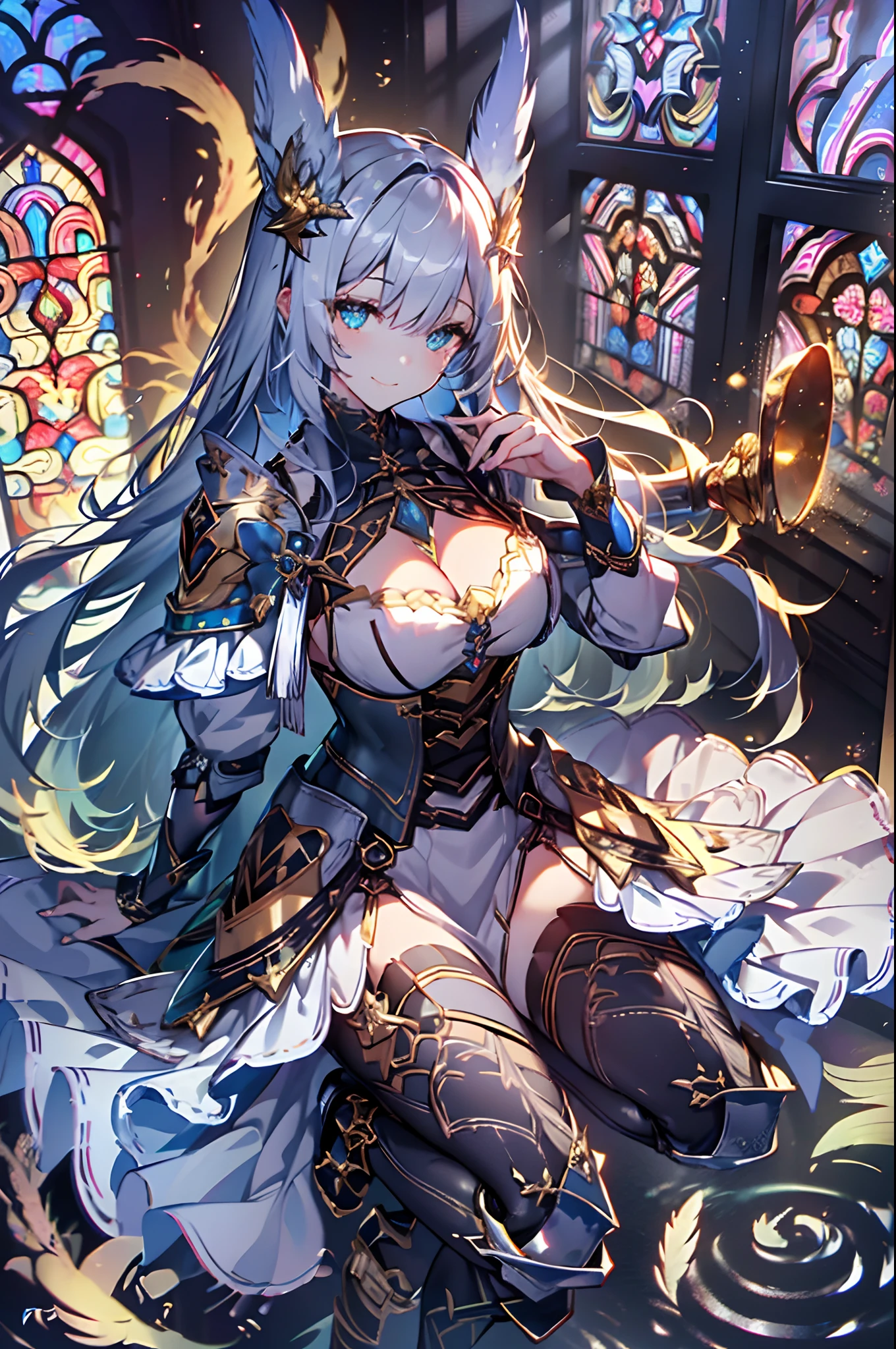 (Official art、Best Quality、Unity 8k Wallpapers、32K、masterpiece、ultra-detailliert、超A high resolution、The best illustrations、Very ridiculous:1.2)、(Cinematic lighting:1.2)、Fireglow effect、film grains、Best Shadows、Rim lighting、side lights、(Ultra-detailed and complex 3D rendering)、Detailed beautiful face and eyes、Sharp pupils、Realistic pupils、A slender、1Man Woman、Medium bust、(Full body:1.2)、 beauitful face、-yeld beiful girl、(super detailed skin、detailed skin textures:1.3)、(silver blond、Blue-silver hair:1.3)、Paladin、Longhaire、Blunt bangs、Green eyes、3 braids in 1 bunch、(Blue Armor、Blue Boots、Blue helmet、Jeweled、Gold embroidery)、A slender、Maxi skirt、(thighs thighs thighs thighs:0.8)、(chies、in a house、Artistic stained glass、Large pipe organ、Hello Point、Mystical、a lot of feathers float、angelicales、Particles of light、solemnity、Sunlight is、colourfull、Fantastical:1.2)、(Fantastical:1.3)、(Holding the Holy Sword:1.0)、Fantastical、Smiling smile