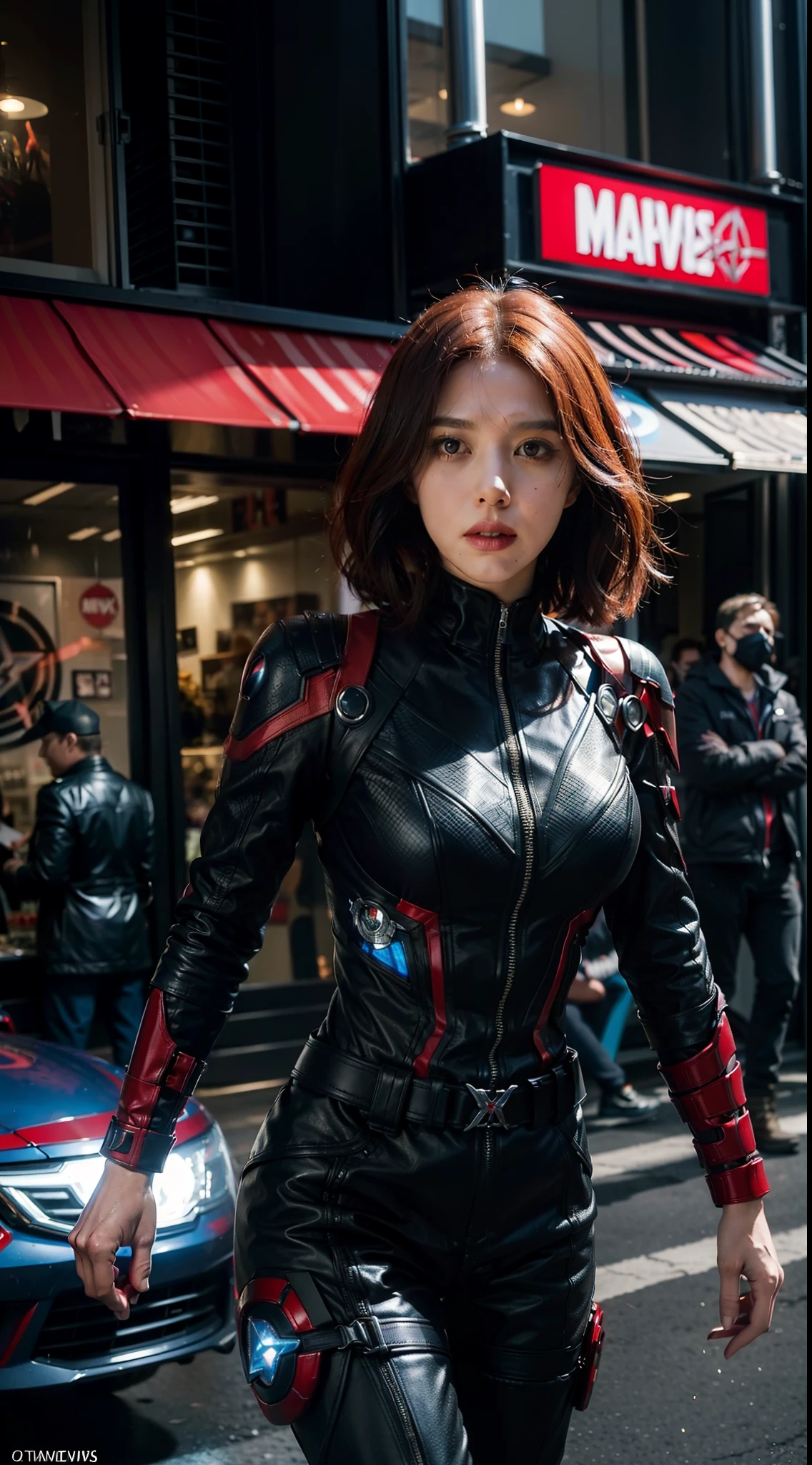 Black widow from marvel fashion, vibrant avenger scene, immersed in the vibrant atmosphere of a avengers war marvel. The marvel scene is alive, a lively avengers war, and people running because chaos, capturing the spirit of war, war, and self-expression that defined the avengers culture, midshot, centered image, ultra detail, extremely face detail, extremely eye detail