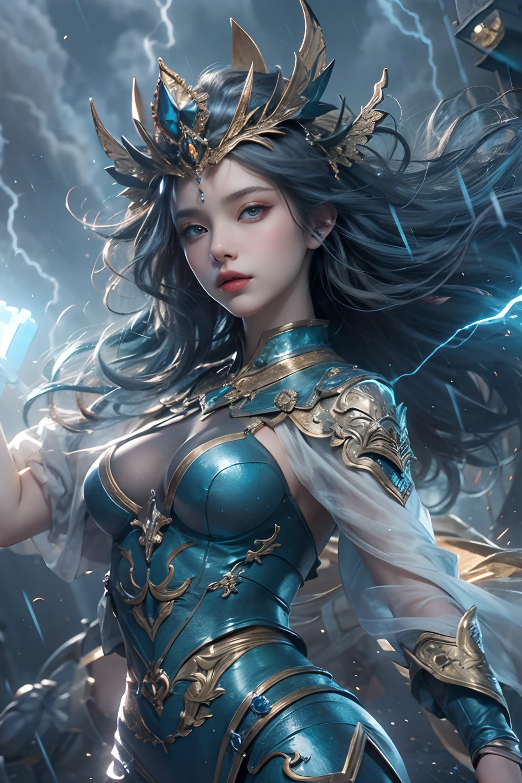 "Official Art, Unity 8k Wallpaper, Masterpiece, Best Quality, Fantasy, Ultra Detail, Full body shot, (Dynamic Angle), (Very Detail), Ultra High Definition, 8k UHD, (light rayer:1.05), Light Particles, Magic Effects swirling around her, Detailed Skin Texture, (illustration:1.05), (detailed light:1.05), (ultra-detailed:1.1), Solo, One Woman, hovering mid-air with a mystic aura. Eyes: deep electric blue that seem to harbor storms within, surrounded by dark eyelashes and soft glowing eyelids. Attire: a delicate balance of steel armor intricately designed, combined with soft silken fabrics that flow with her every move. Crown: made of steel, glistening with a metallic sheen, adorned with intricate patterns. Hair: long, flowing like live electricity. Holding an intricately designed hammer, emerging before a striking bolt of lightning, realistic light setting, (realistic)."