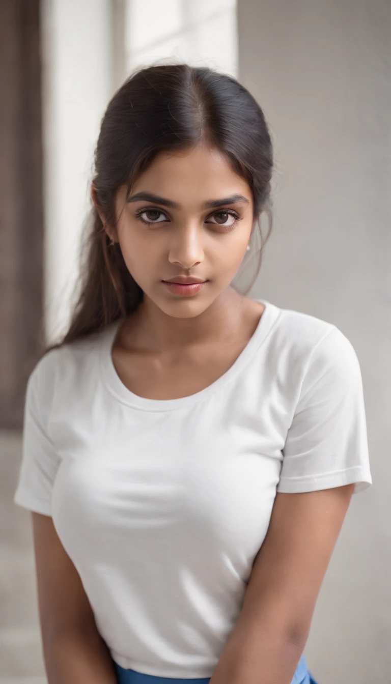 portrait of an young Indian school girl, 18-year-old in a mini skirt white printed sports t shirt, big round boobies,