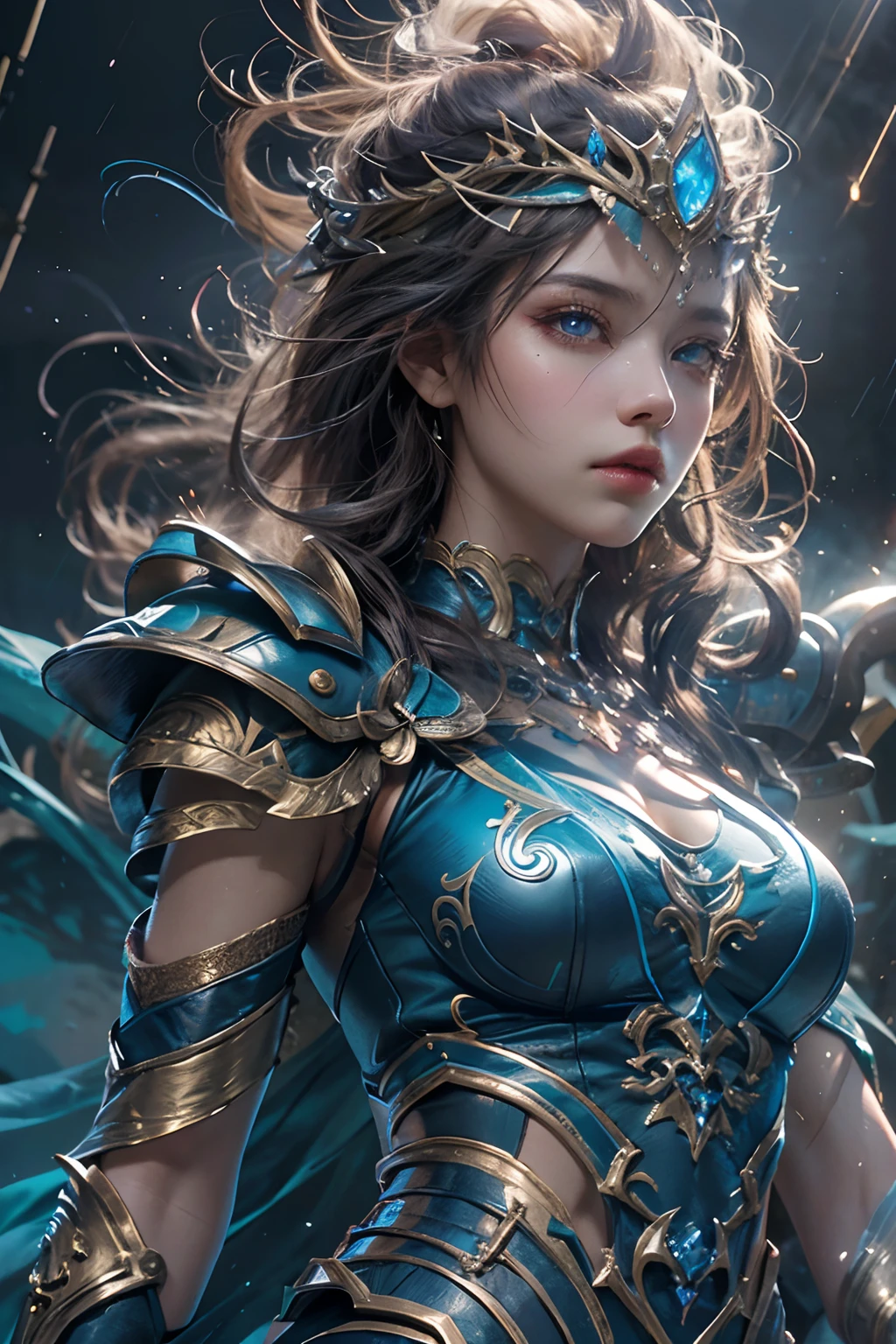 "Official Art, Unity 8k Wallpaper, Masterpiece, Best Quality, Fantasy, Ultra Detail, Full body shot, (Dynamic Angle), (Very Detail), Ultra High Definition, 8k UHD, (light rayer:1.05), Light Particles, Magic Effects swirling around her, Detailed Skin Texture, (illustration:1.05), (detailed light:1.05), (ultra-detailed:1.1), Solo, One Woman, hovering mid-air with a mystic aura. Eyes: deep electric blue that seem to harbor storms within, surrounded by dark eyelashes and soft glowing eyelids. Attire: a delicate balance of steel armor intricately designed, combined with soft silken fabrics that flow with her every move. Crown: made of steel, glistening with a metallic sheen, adorned with intricate patterns. Hair: long, flowing like live electricity. Holding an intricately designed hammer, emerging before a striking bolt of lightning, realistic light setting, (realistic)."