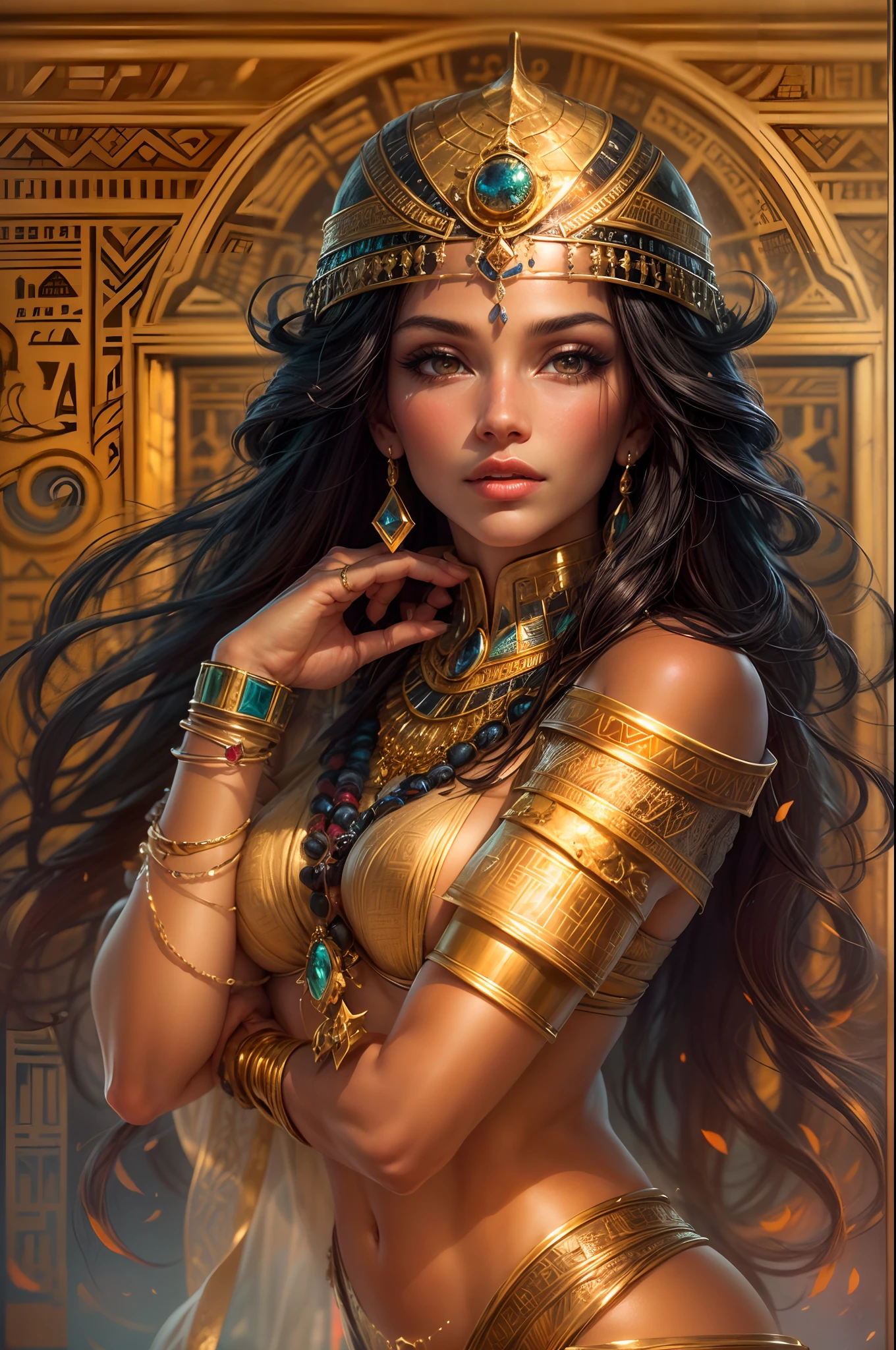 (best quality:1.2, ultra-detailed, realistic:1.37), enchanting eyes, mesmerizing lips, flowing black hair, radiant skin, ethereal beauty, seductive enchantress, mystical aura, alluring Egyptian Queen, elegant and intricate garments, intricate gold and gemstone jewelry, captivating charm, intoxicating presence, poised and confident pose, sand dunes stretching to the horizon, golden sun setting in the distance, soft golden light illuminating the scene, mystical hieroglyphs adorning the surroundings, a sense of ancient magic, a powerful and alluring sorceress, the embodiment of desire and mystery.