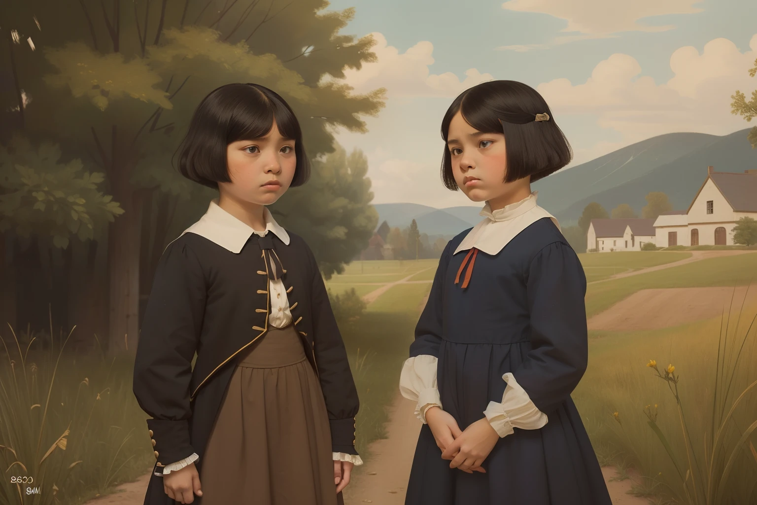 year: 1828. Location: Illinois. Pre-Raphaelite scene with small girls, sauk native american, ((((short bob hair)))), ((black school uniform)), angry, sad, serious, conversion boarding school, ((((Clothing from the 1820s)))) ((short bob hairstyle)), ((("OMITB" cinematography)))