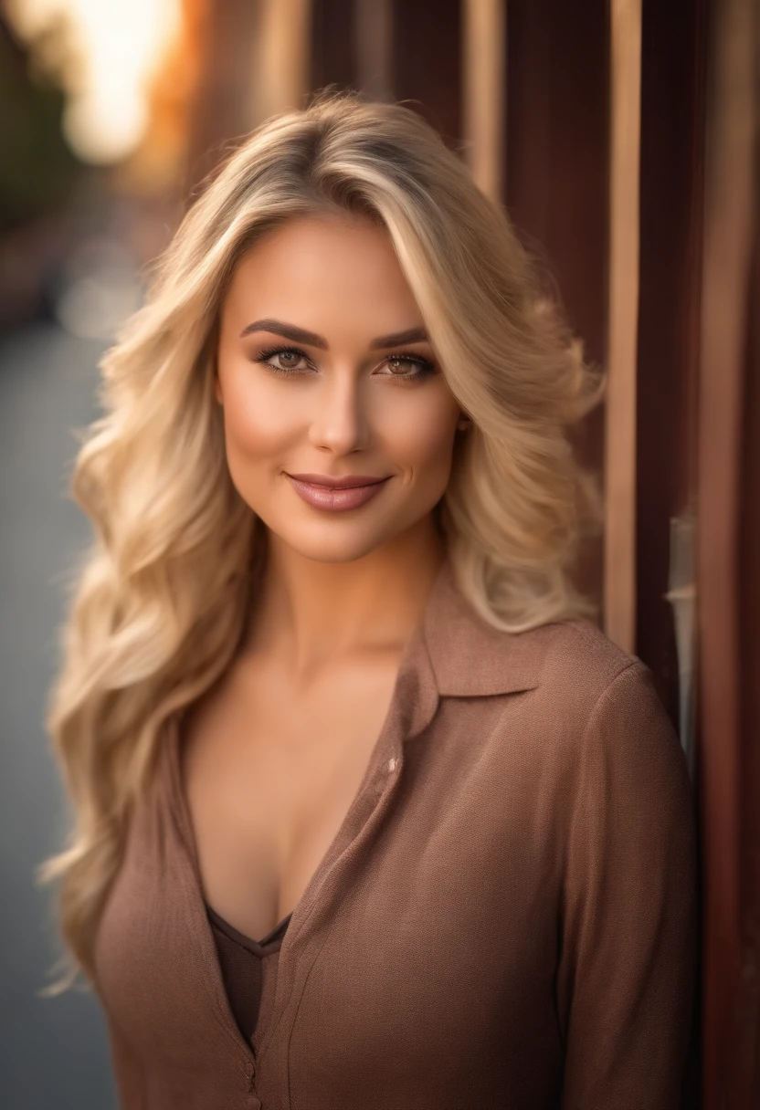 a smiling blonde walks down the street in LA. sexy 25 year old. realistic photo. ultra detailed. in sexy clothes HDR, very realistic, photorealism, 8k, cinematic lighting, natural pose, hispanic, full body, perfect angle, sexy girl with brown eyes, ultra realistic, very detailed, large eyes, without makeup, natural makeup, looking directly at the camera, face with artgram, subtle makeup, medium to large size bust, , sexy, professional, shot on canon, 85mm shallow depth of field, kodak vision color, realistic skin texture, best quality