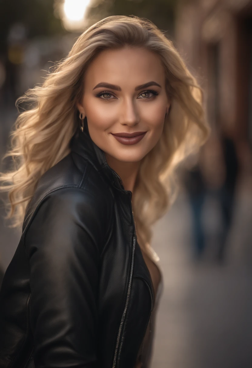a smiling blonde walks down the street in LA. sexy 25 year old. realistic photo. ultra detailed. in sexy clothes HDR, very realistic, photorealism, 8k, cinematic lighting, natural pose, hispanic, full body, perfect angle, sexy girl with brown eyes, ultra realistic, very detailed, large eyes, without makeup, natural makeup, looking directly at the camera, face with artgram, subtle makeup, medium to large size bust, , sexy, professional, shot on canon, 85mm shallow depth of field, kodak vision color, realistic skin texture, best quality